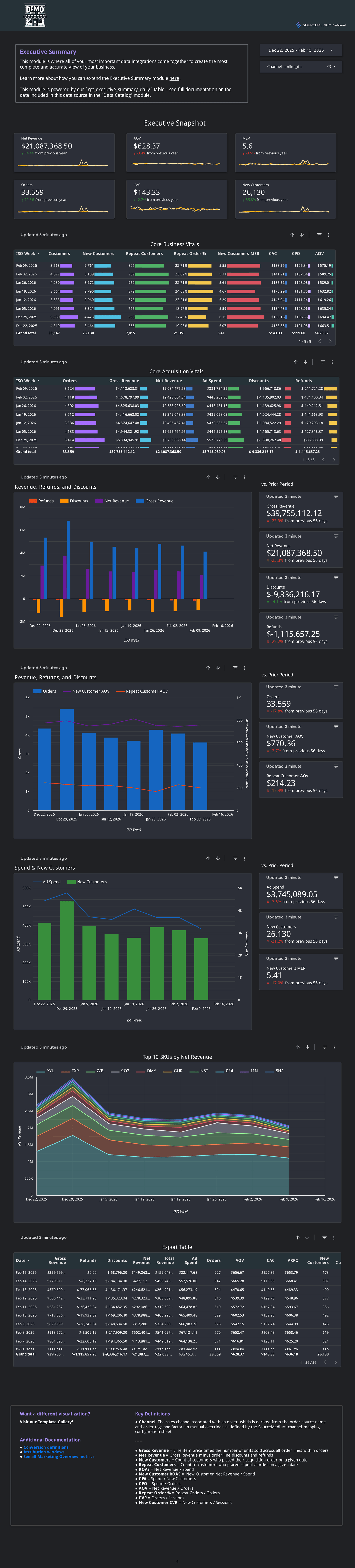 Executive Summary view with KPI cards for revenue, AOV, CAC, and new customers