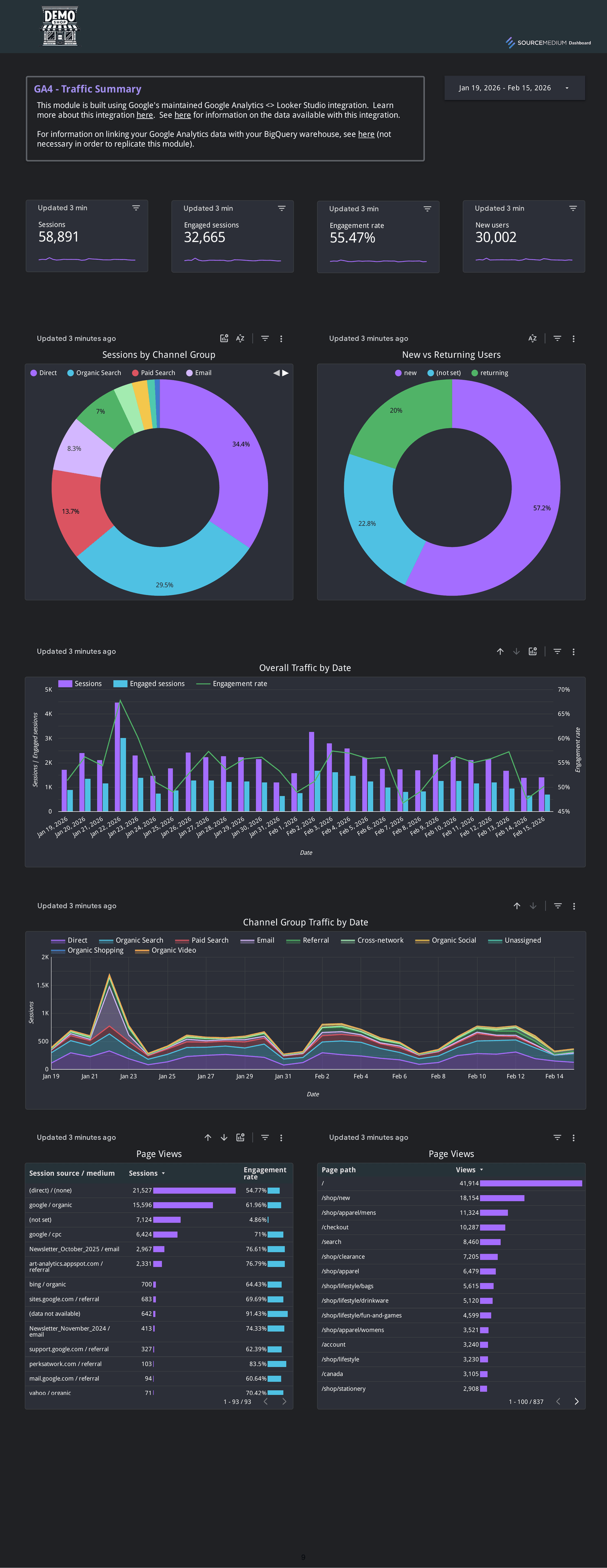 Website conversion overview with sessions, add-to-cart, checkout, and purchase metrics